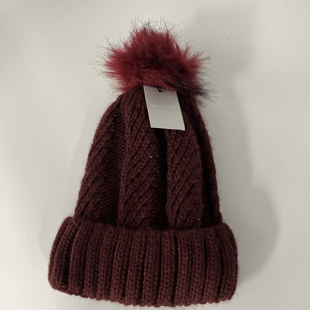 Westloop Maroon Beanie With Fuzzy BallOn Top